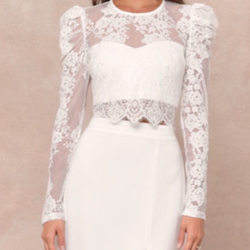 Lulus Women's Ivory Lace Long Puff Sleeve Cropped Blouse Size Medium - Picture 2 of 14